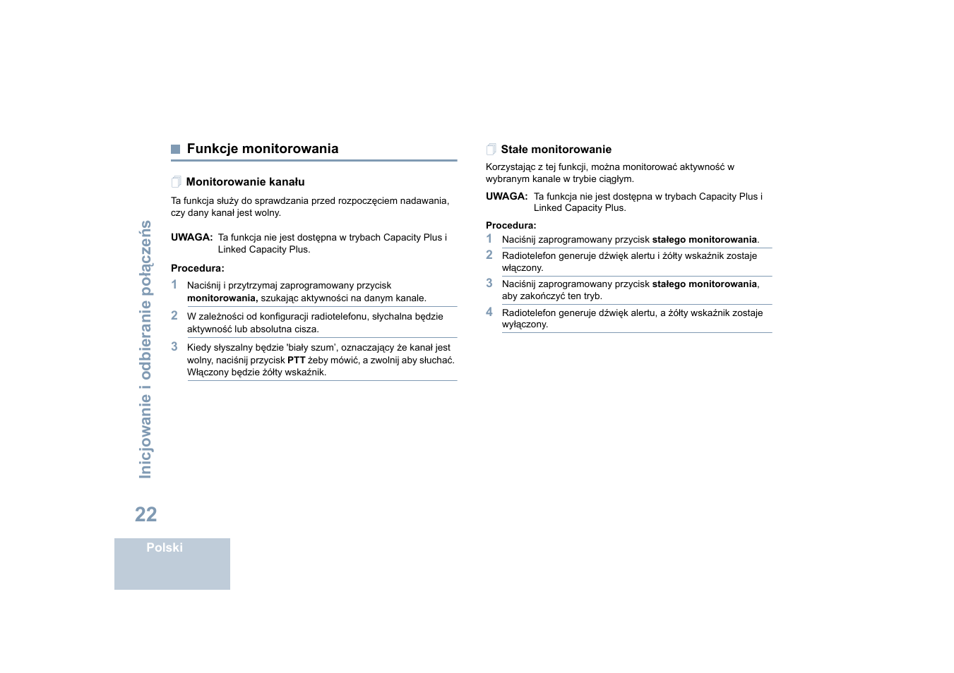 Funkcje monitorowania, Monitorowanie kanału, Stałe monitorowanie | Monitorowanie kanału stałe monitorowanie, Inicjowanie i odbieranie po łą cze ń s | Motorola DP 4400 UHF User Manual | Page 318 / 436