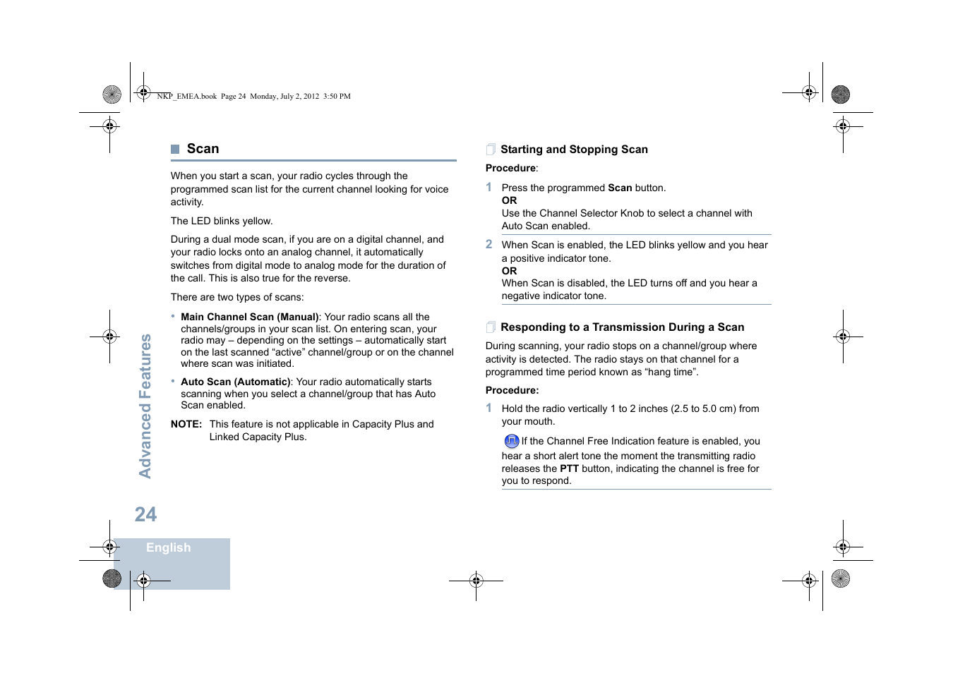 Scan, Starting and stopping scan, Responding to a transmission during a scan | De scan (see scan on, Advanced features | Motorola DP 4400 UHF User Manual | Page 32 / 436