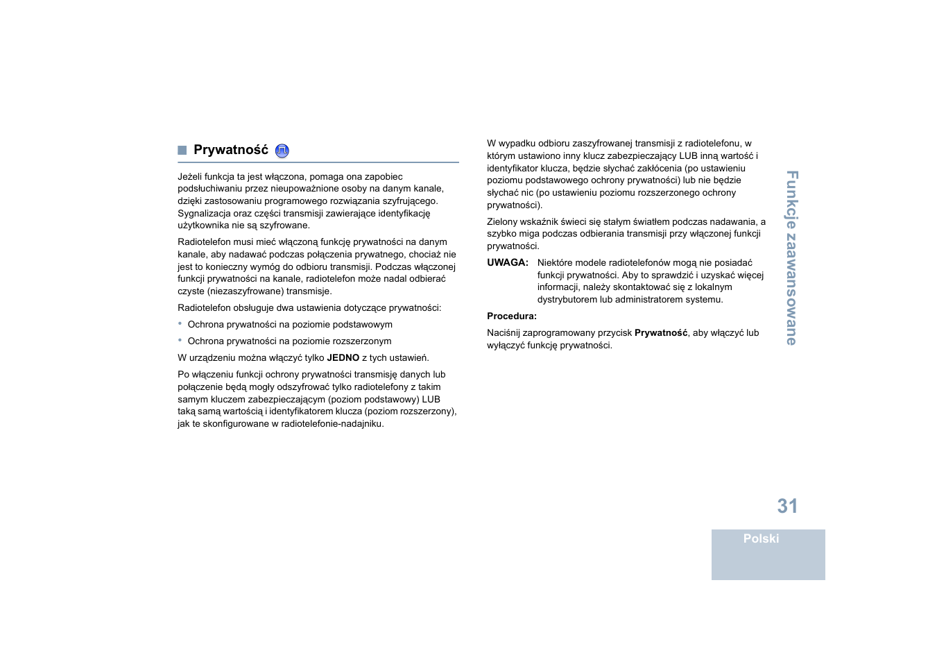 Prywatność, Funkcje zaawansowane | Motorola DP 4400 UHF User Manual | Page 327 / 436