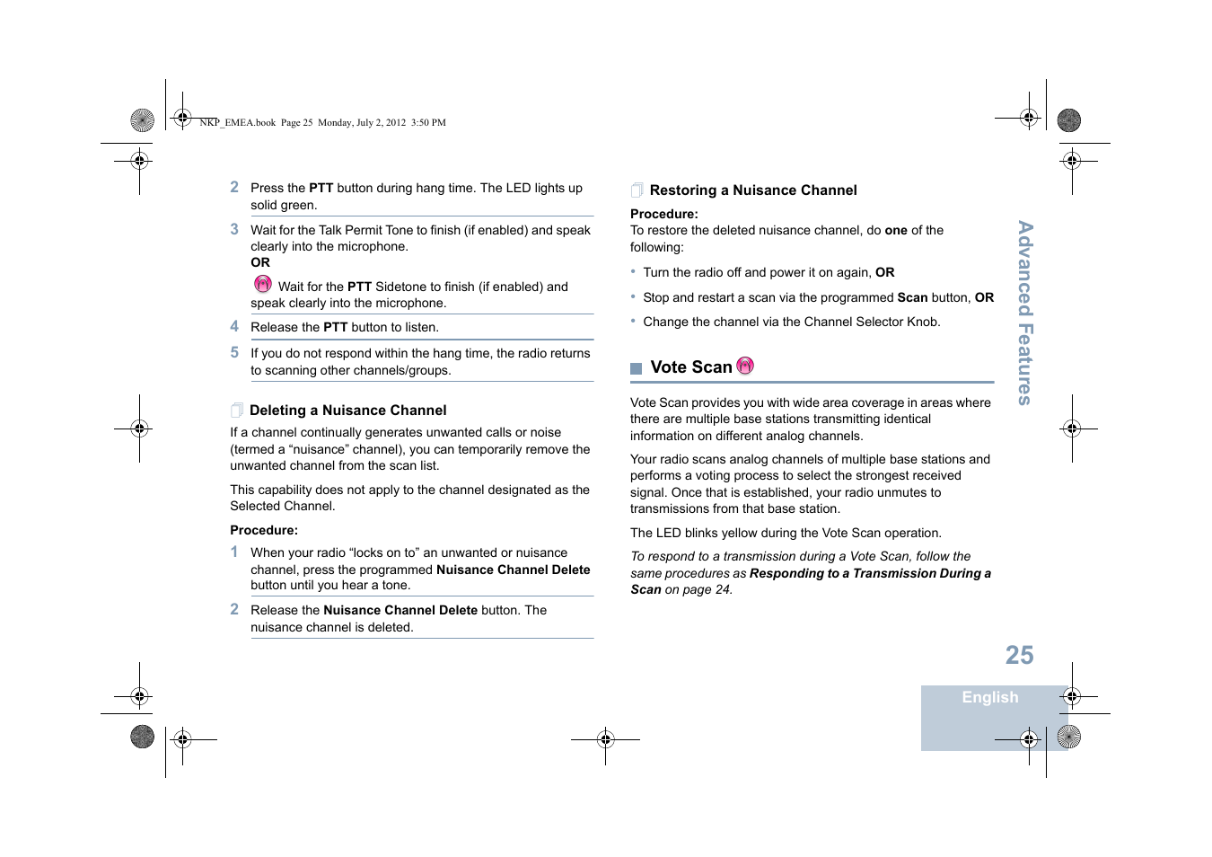 Deleting a nuisance channel, Restoring a nuisance channel, Vote scan | Advanced features | Motorola DP 4400 UHF User Manual | Page 33 / 436