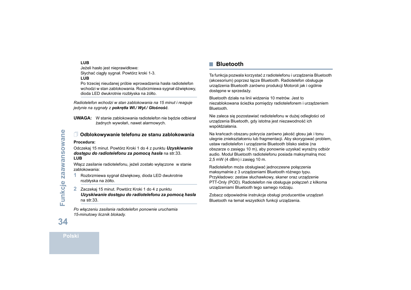 Odblokowywanie telefonu ze stanu zablokowania, Bluetooth, Funkcje zaawansowane | Motorola DP 4400 UHF User Manual | Page 330 / 436