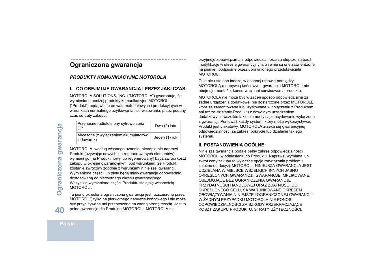 Ograniczona gwarancja | Motorola DP 4400 UHF User Manual | Page 336 / 436