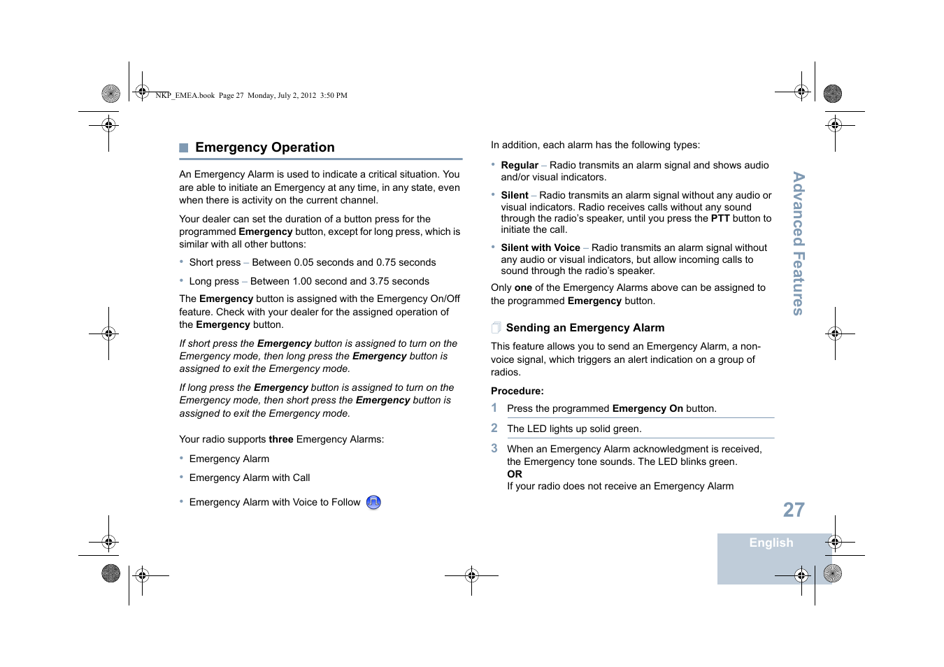 Emergency operation, Sending an emergency alarm, Advanced features | Motorola DP 4400 UHF User Manual | Page 35 / 436