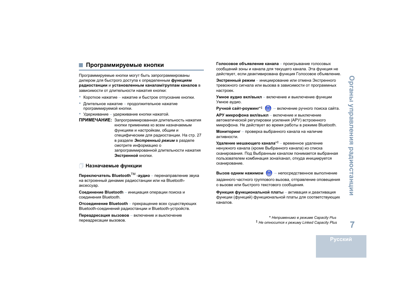 Программируемые кнопки, Назначаемые функции, Орг аны управ л ения ра дио станции | Motorola DP 4400 UHF User Manual | Page 351 / 436