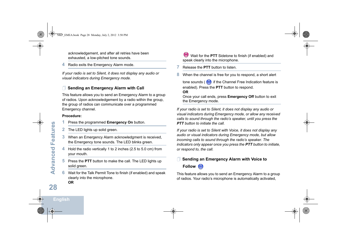 Sending an emergency alarm with call, Sending an emergency alarm with voice to follow, Advanced features | Motorola DP 4400 UHF User Manual | Page 36 / 436