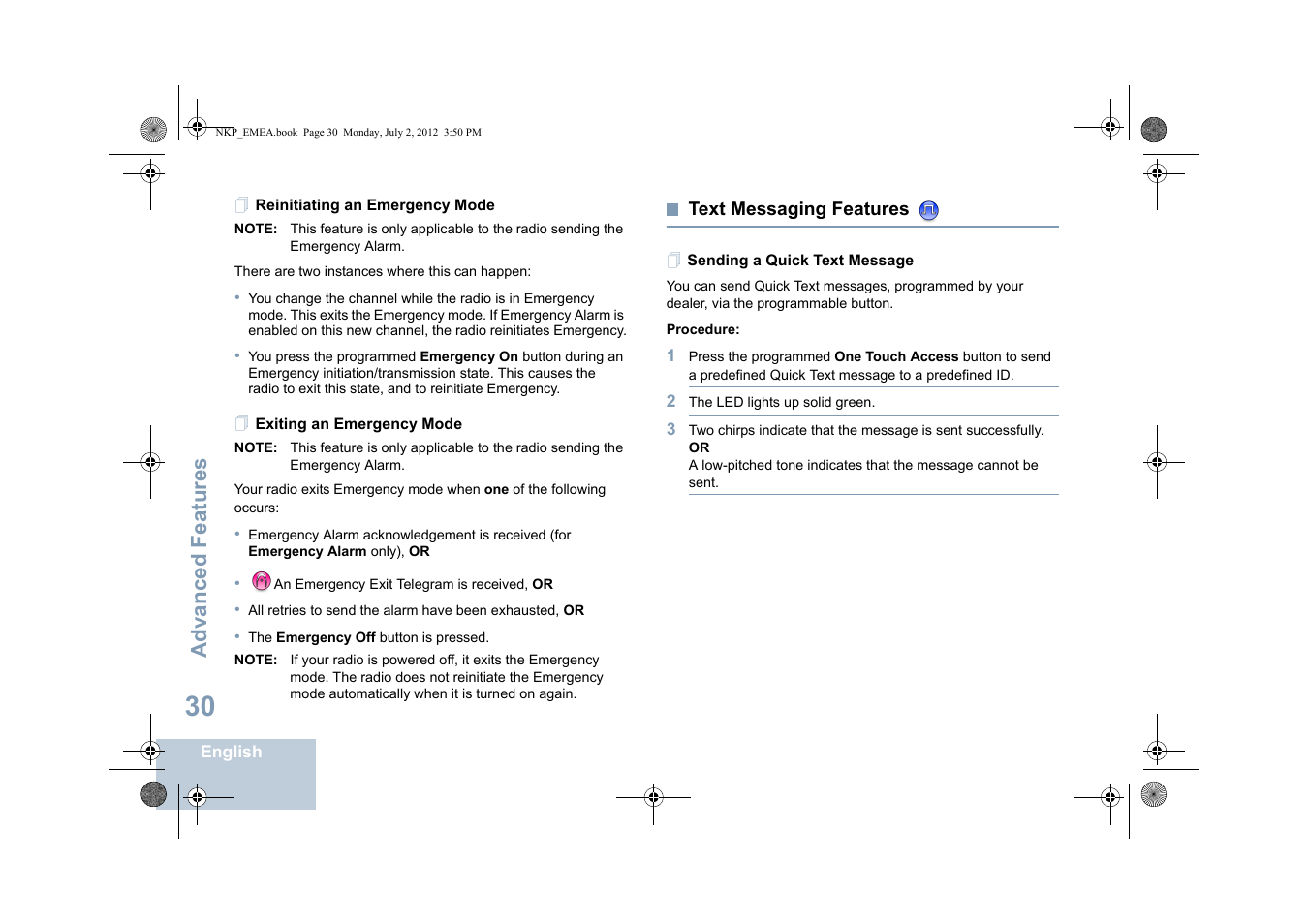 Reinitiating an emergency mode, Exiting an emergency mode, Text messaging features | Sending a quick text message, Advanced features | Motorola DP 4400 UHF User Manual | Page 38 / 436