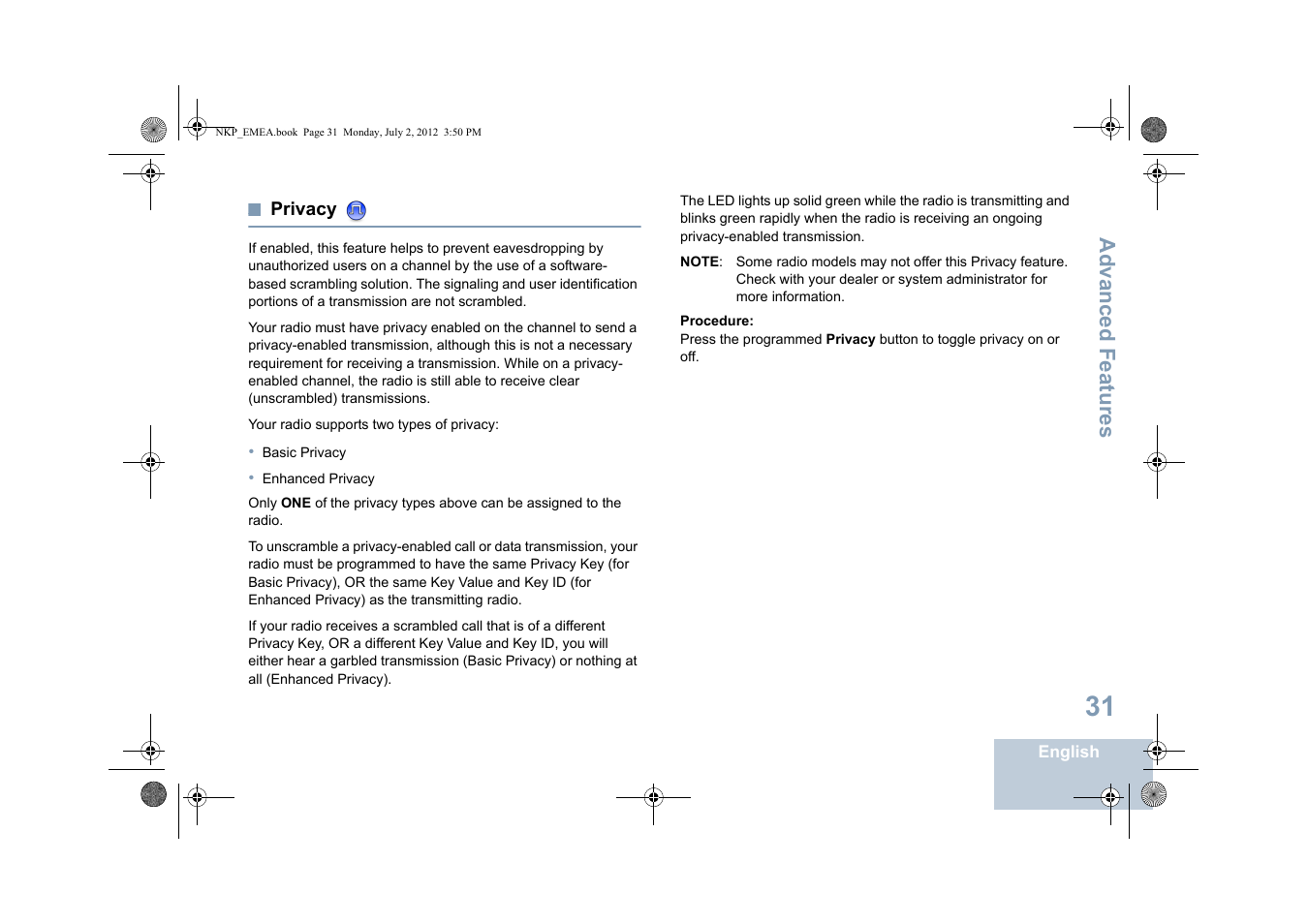 Privacy, Advanced features | Motorola DP 4400 UHF User Manual | Page 39 / 436