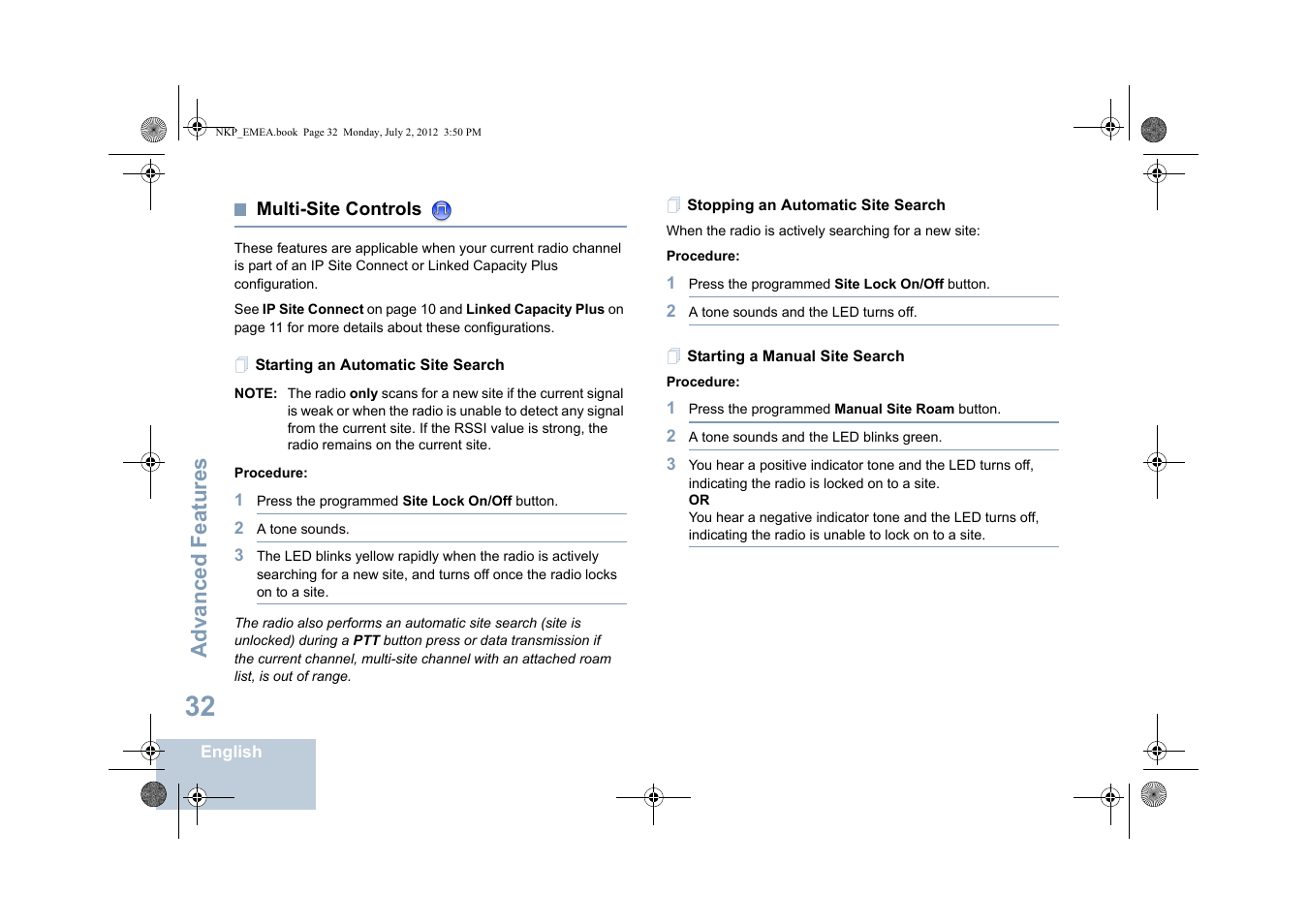 Multi-site controls, Starting an automatic site search, Stopping an automatic site search | Starting a manual site search, Advanced features | Motorola DP 4400 UHF User Manual | Page 40 / 436