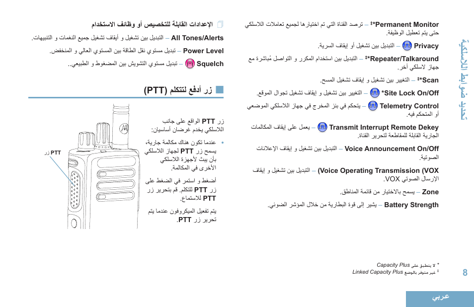 الإعدادات القابلة للتخصيص أو وظائف الاستخدام, زر أدفع لتتكلم (ptt), 8 مادختسلاا فئاظو وأ صيصختلل ةلباقلا تادادعلإا | Ptt ( ملكتتل عفدأ رز, تئكلسلالمحطبممضحدئد ة | Motorola DP 4400 UHF User Manual | Page 401 / 436