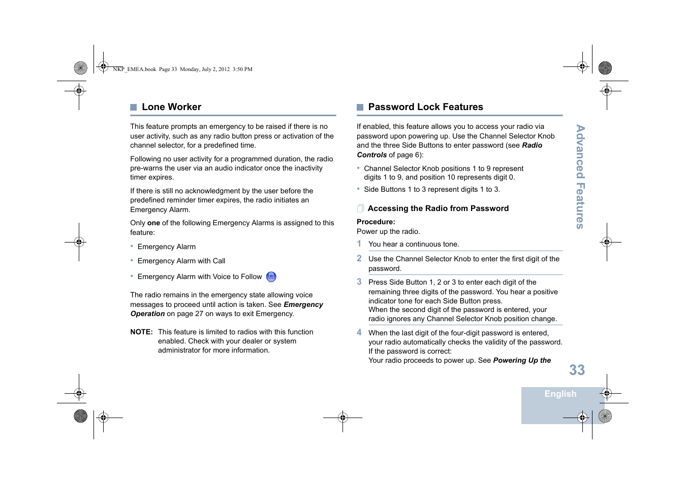 Lone worker, Password lock features, Accessing the radio from password | Lone worker password lock features, Advanced features | Motorola DP 4400 UHF User Manual | Page 41 / 436