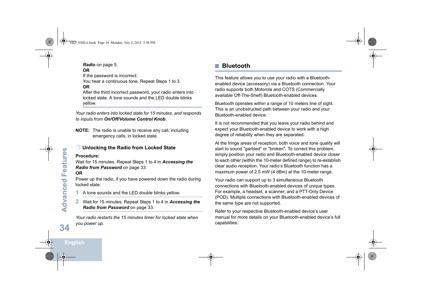 Unlocking the radio from locked state, Bluetooth, Advanced features | Motorola DP 4400 UHF User Manual | Page 42 / 436