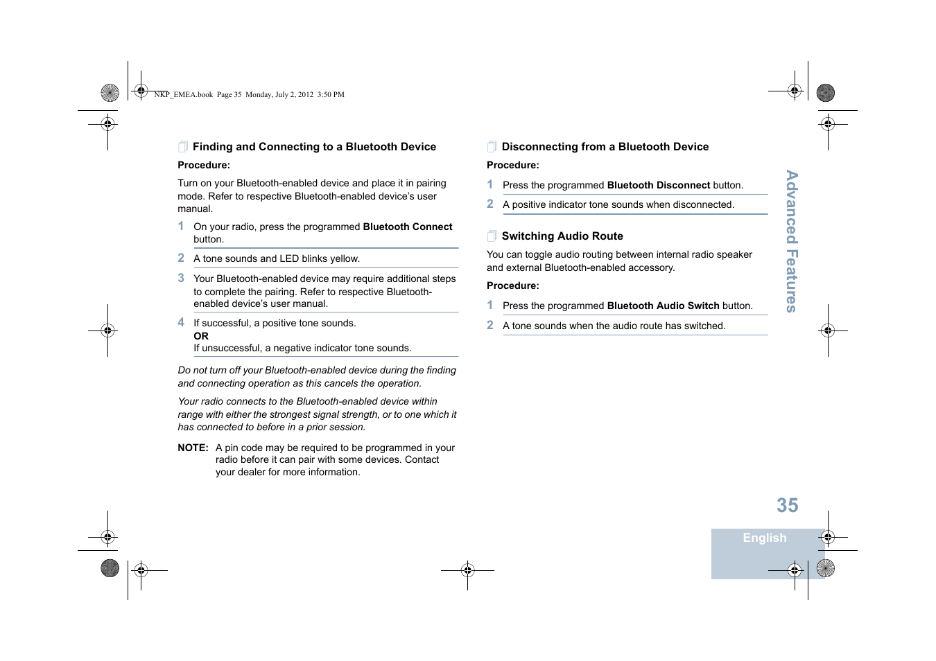 Finding and connecting to a bluetooth device, Disconnecting from a bluetooth device, Switching audio route | Advanced features | Motorola DP 4400 UHF User Manual | Page 43 / 436