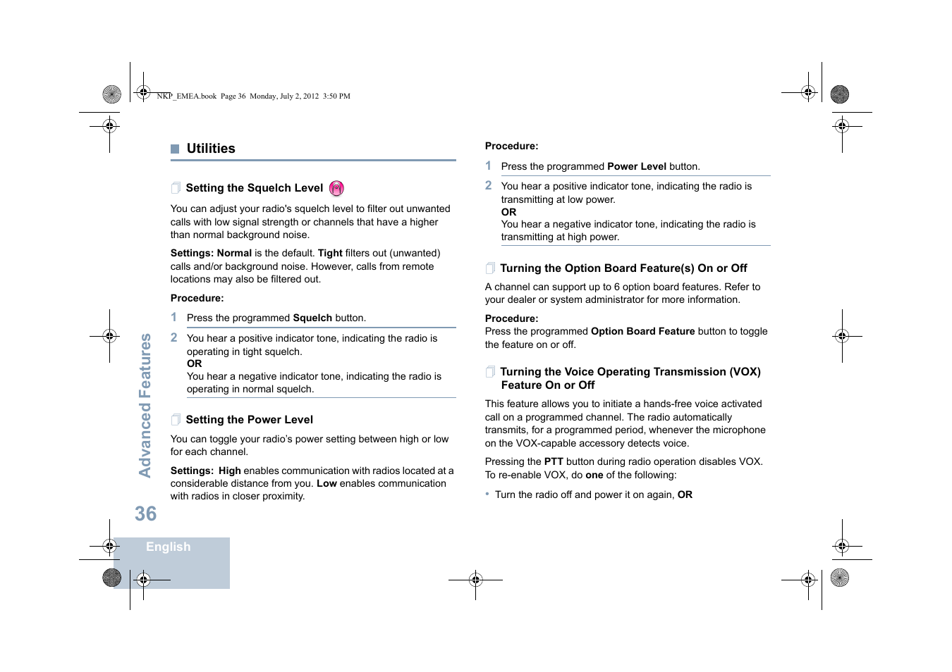 Utilities, Setting the squelch level, Setting the power level | Turning the option board feature(s) on or off, Setting the squelch level setting the power level, Advanced features | Motorola DP 4400 UHF User Manual | Page 44 / 436