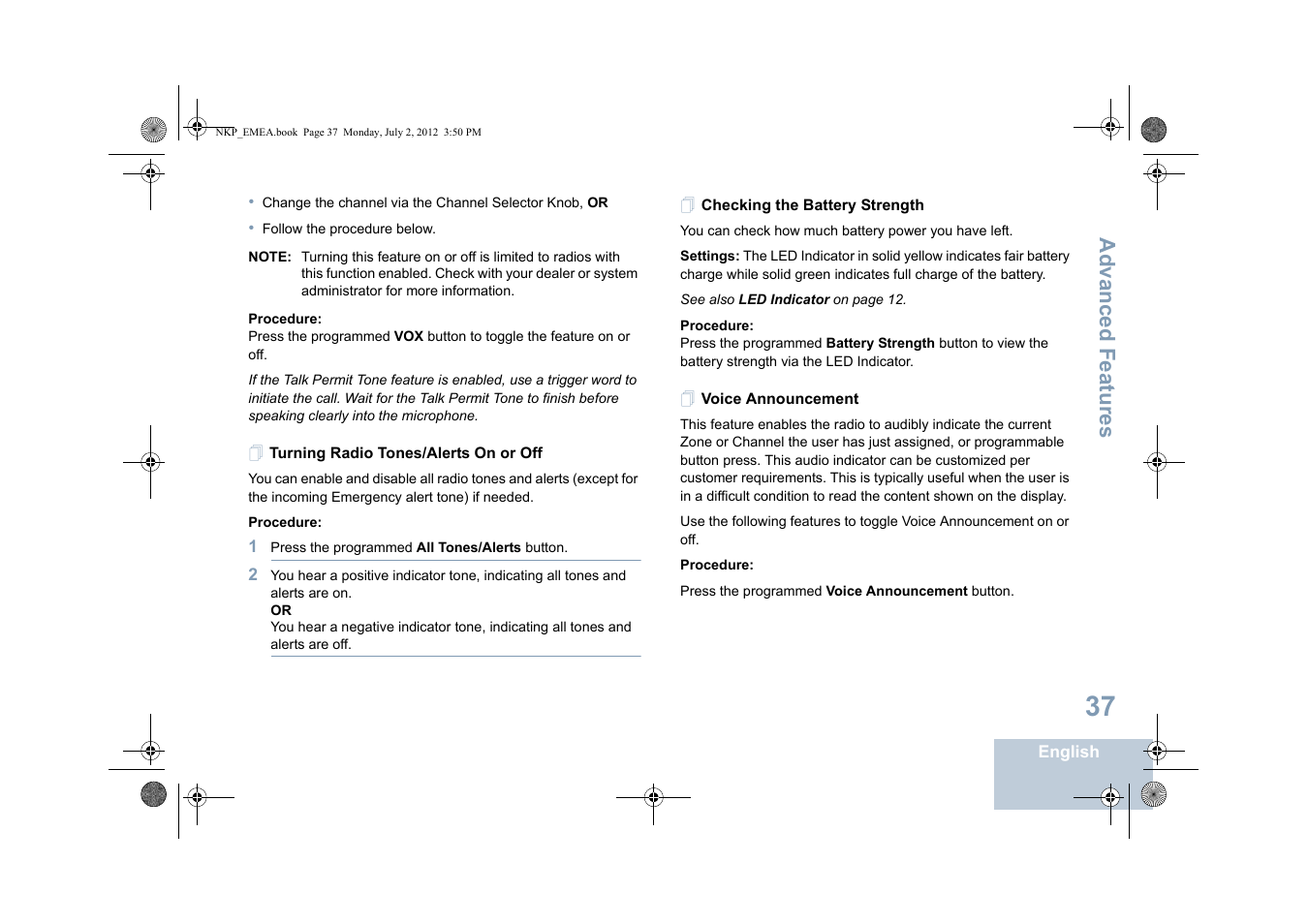 Turning radio tones/alerts on or off, Checking the battery strength, Voice announcement | Advanced features | Motorola DP 4400 UHF User Manual | Page 45 / 436