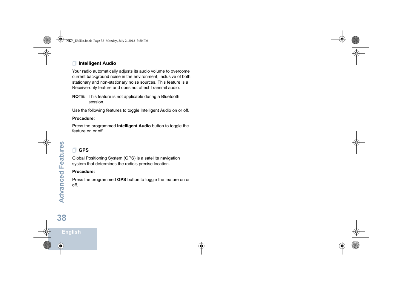 Intelligent audio, Intelligent audio gps, Advanced features | Motorola DP 4400 UHF User Manual | Page 46 / 436