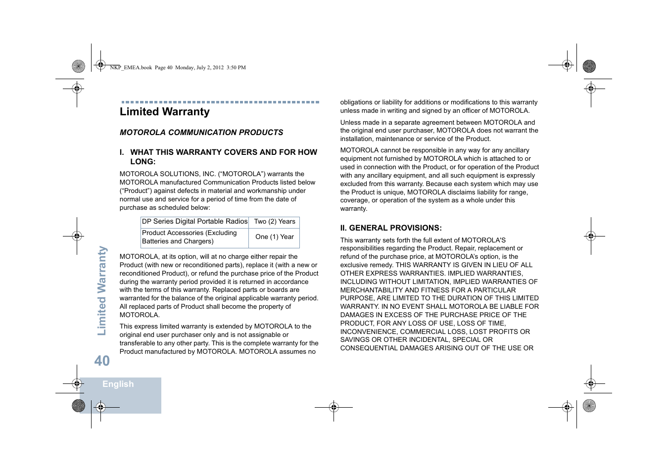 Limited warranty, Limited w arranty | Motorola DP 4400 UHF User Manual | Page 48 / 436