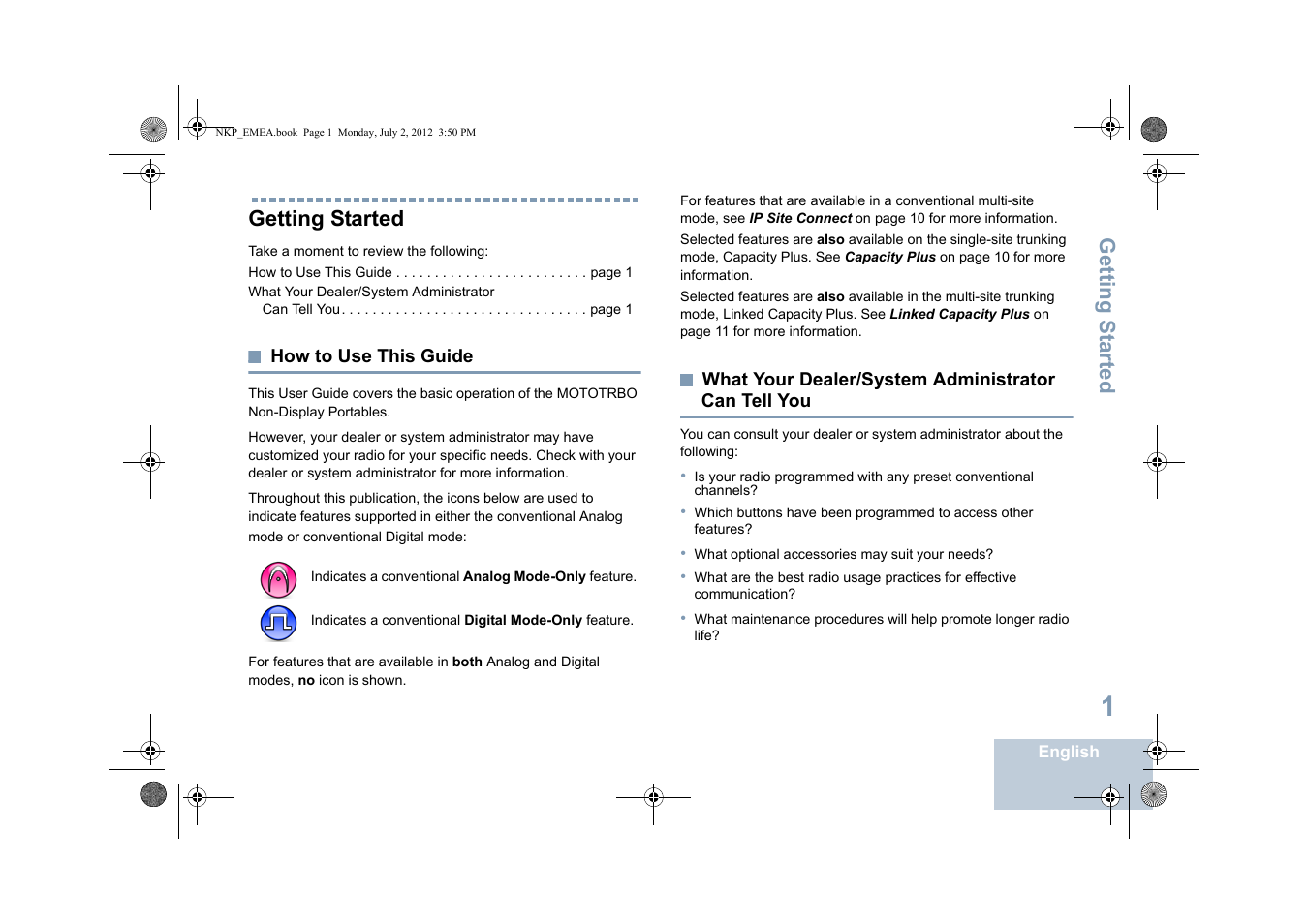 Getting started, How to use this guide, What your dealer/system administrator can tell you | Can tell you, Getting s tarted | Motorola DP 4400 UHF User Manual | Page 9 / 436