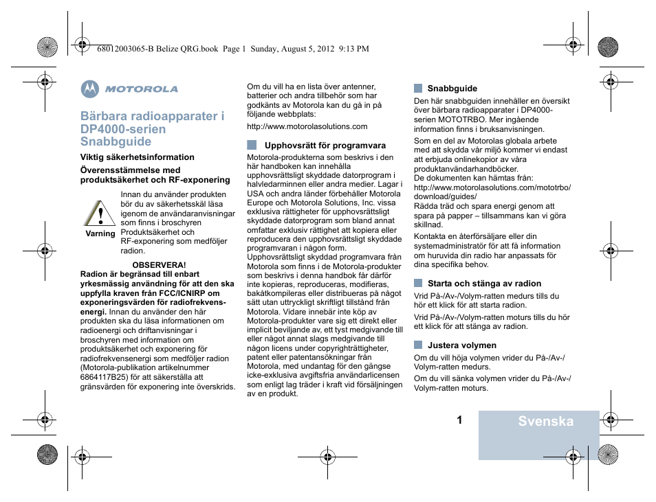 Svenska, Bärbara radioapparater i dp4000-serien snabbguide | Motorola DP 4600 UHF User Manual | Page 19 / 40