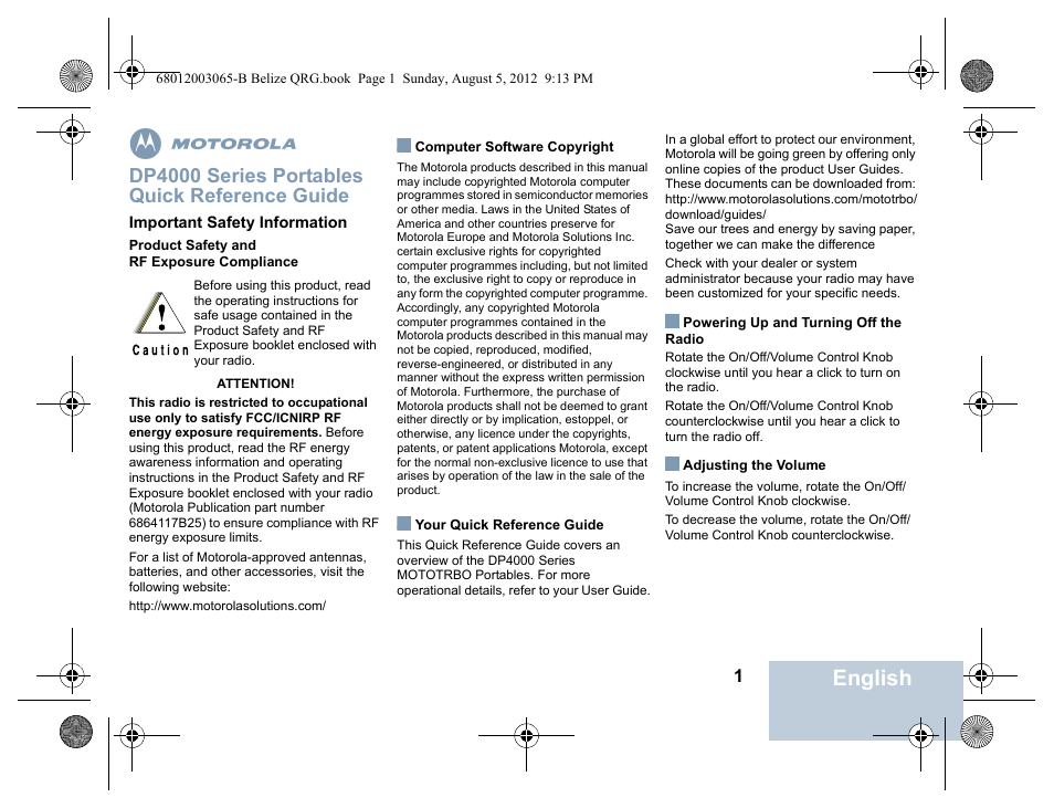 English, Dp4000 series portables quick reference guide | Motorola DP 4600 UHF User Manual | Page 3 / 40