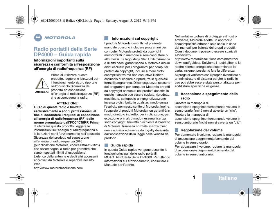 Italiano, Radio portatili della serie dp4000 – guida rapida | Motorola DP 4600 UHF User Manual | Page 9 / 40