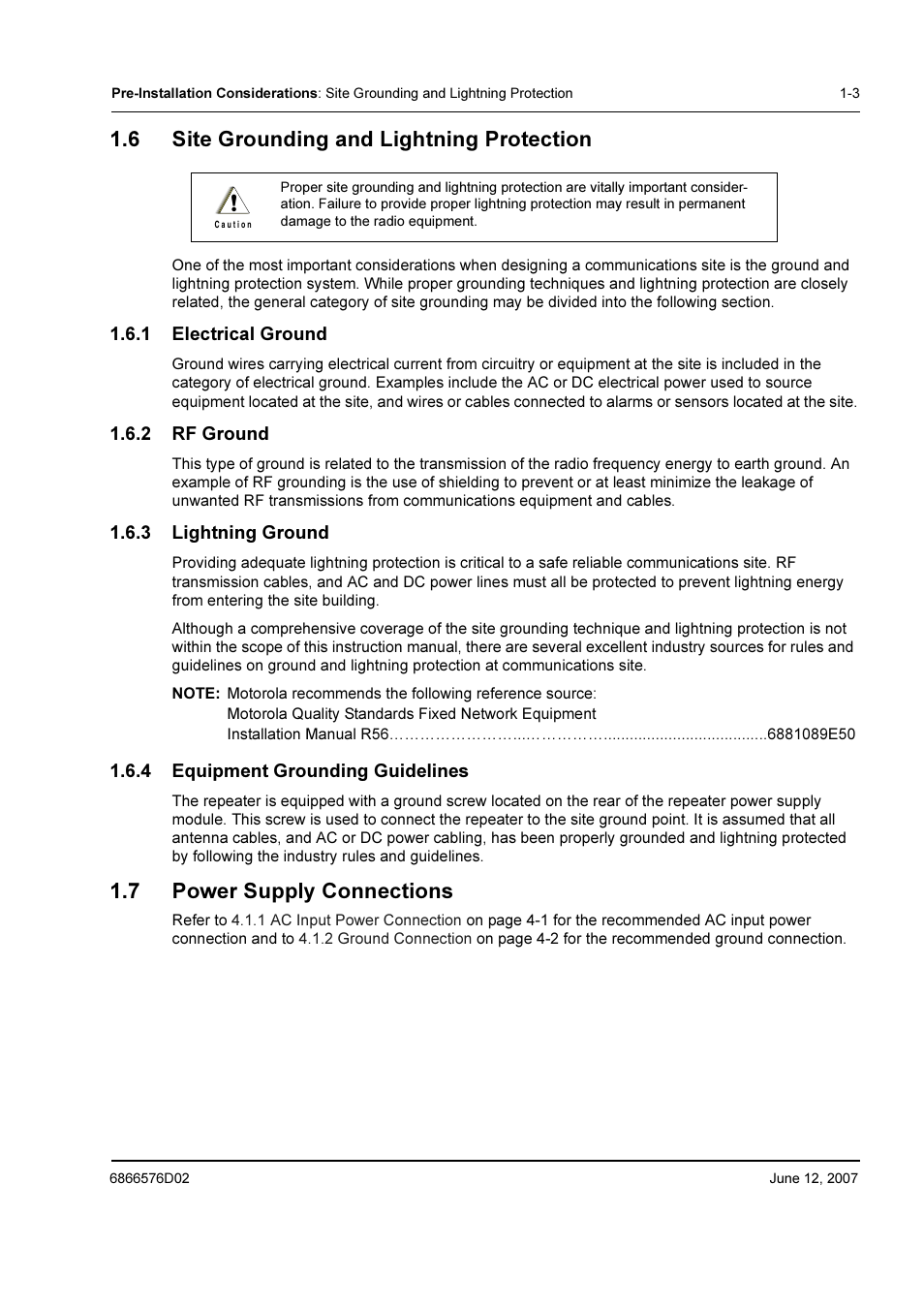 6 site grounding and lightning protection, 1 electrical ground, 2 rf ground | 3 lightning ground, 4 equipment grounding guidelines, 7 power supply connections, Site grounding and lightning protection -3 1.6.1, Electrical ground -3, Rf ground -3, Lightning ground -3 | Motorola DR 3000 User Manual | Page 10 / 26