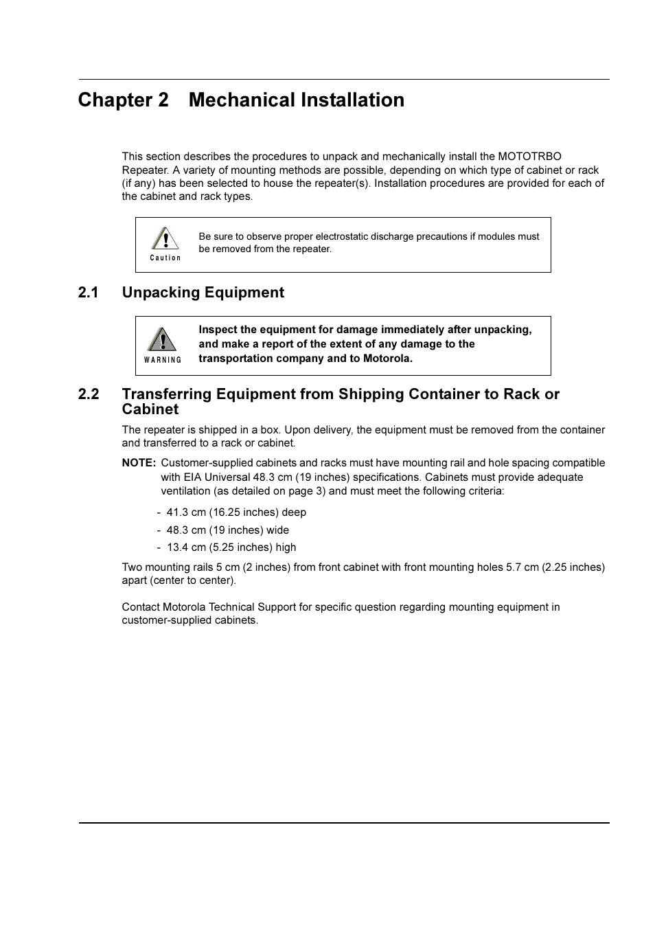 Chapter 2 mechanical installation, 1 unpacking equipment, Chapter 2 | Mechanical installation -1, Unpacking equipment -1 | Motorola DR 3000 User Manual | Page 12 / 26