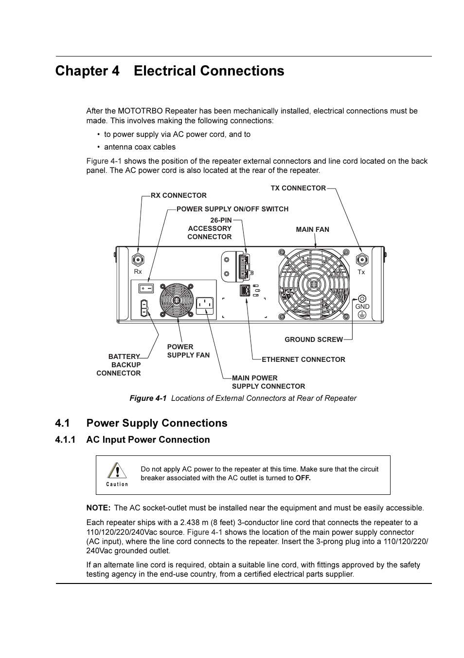 Chapter 4 electrical connections, 1 power supply connections, 1 ac input power connection | Motorola DR 3000 User Manual | Page 16 / 26