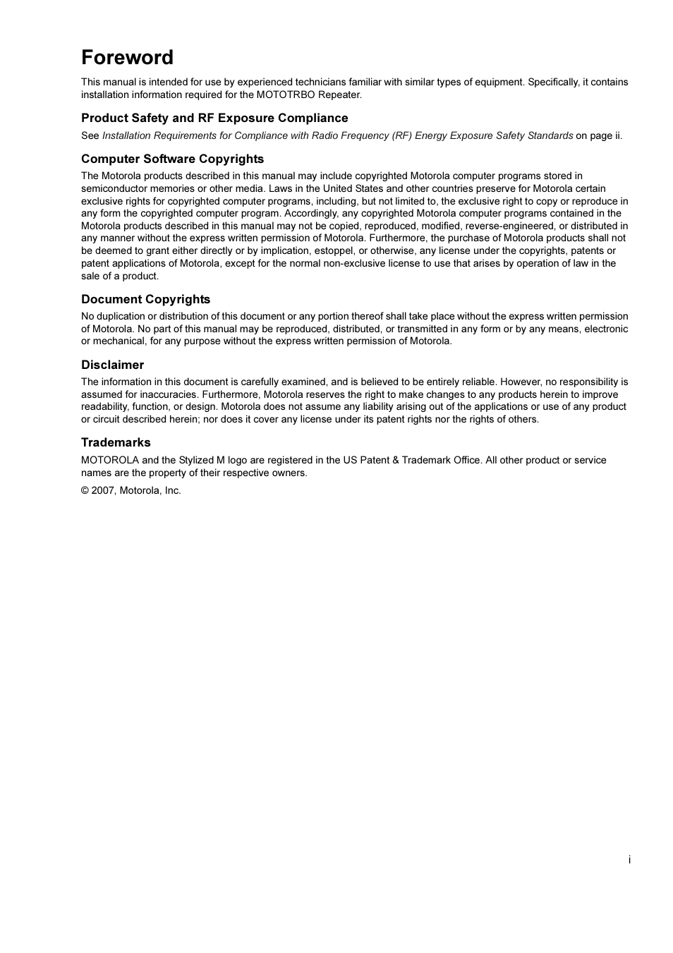 Foreword, Product safety and rf exposure compliance, Computer software copyrights | Document copyrights, Disclaimer, Trademarks | Motorola DR 3000 User Manual | Page 2 / 26