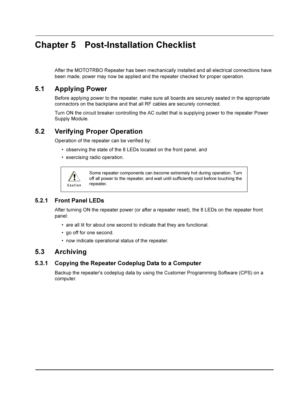 Chapter 5 post-installation checklist, 1 applying power, 2 verifying proper operation | 1 front panel leds, 3 archiving, 1 copying the repeater codeplug data to a computer, Chapter 5, Post-installation checklist -1, Applying power -1, Verifying proper operation -1 5.2.1 | Motorola DR 3000 User Manual | Page 20 / 26