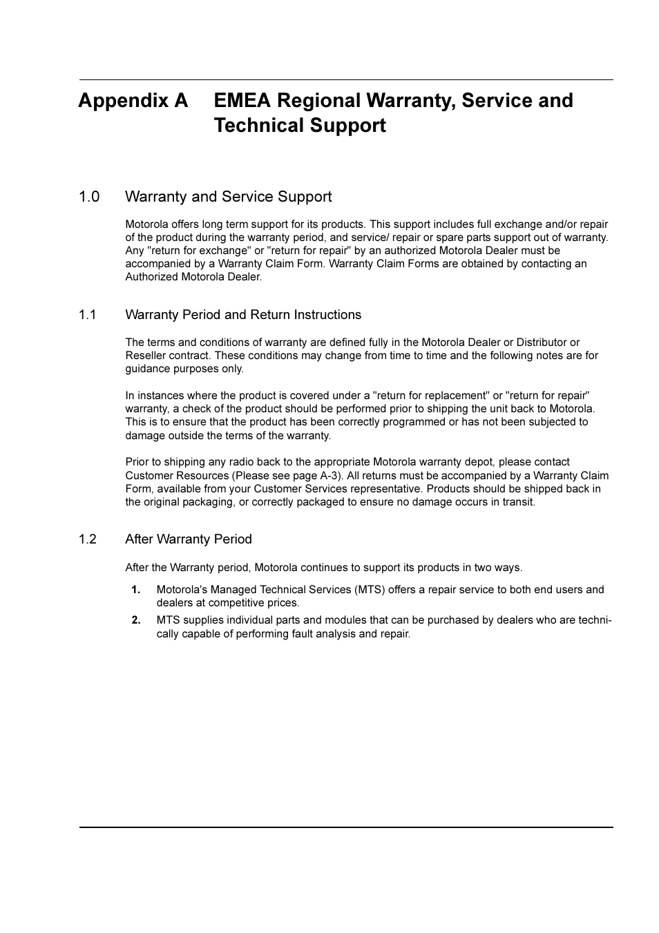 0 warranty and service support | Motorola DR 3000 User Manual | Page 22 / 26