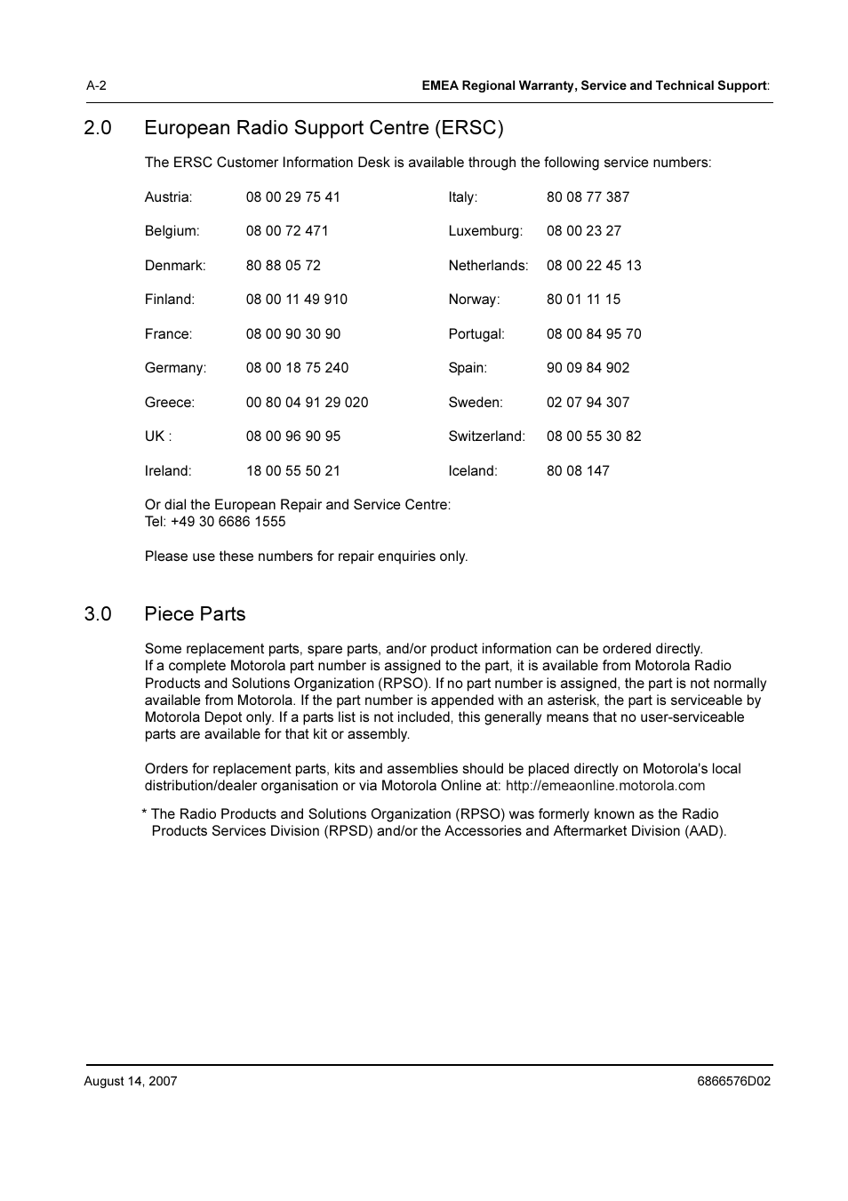 0 european radio support centre (ersc), 0 piece parts | Motorola DR 3000 User Manual | Page 23 / 26