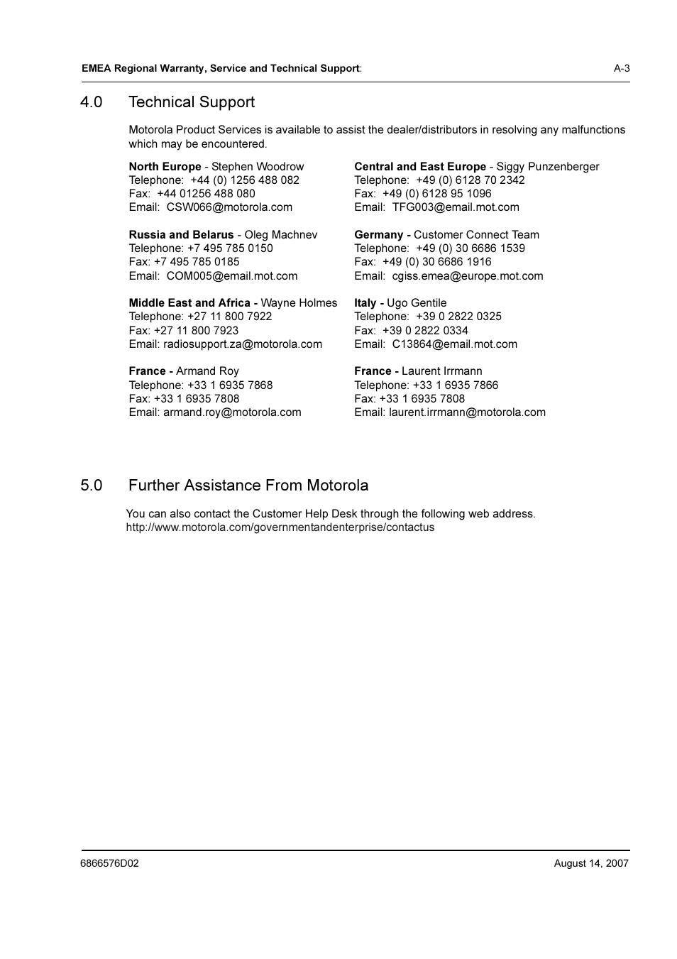 0 technical support, 0 further assistance from motorola | Motorola DR 3000 User Manual | Page 24 / 26