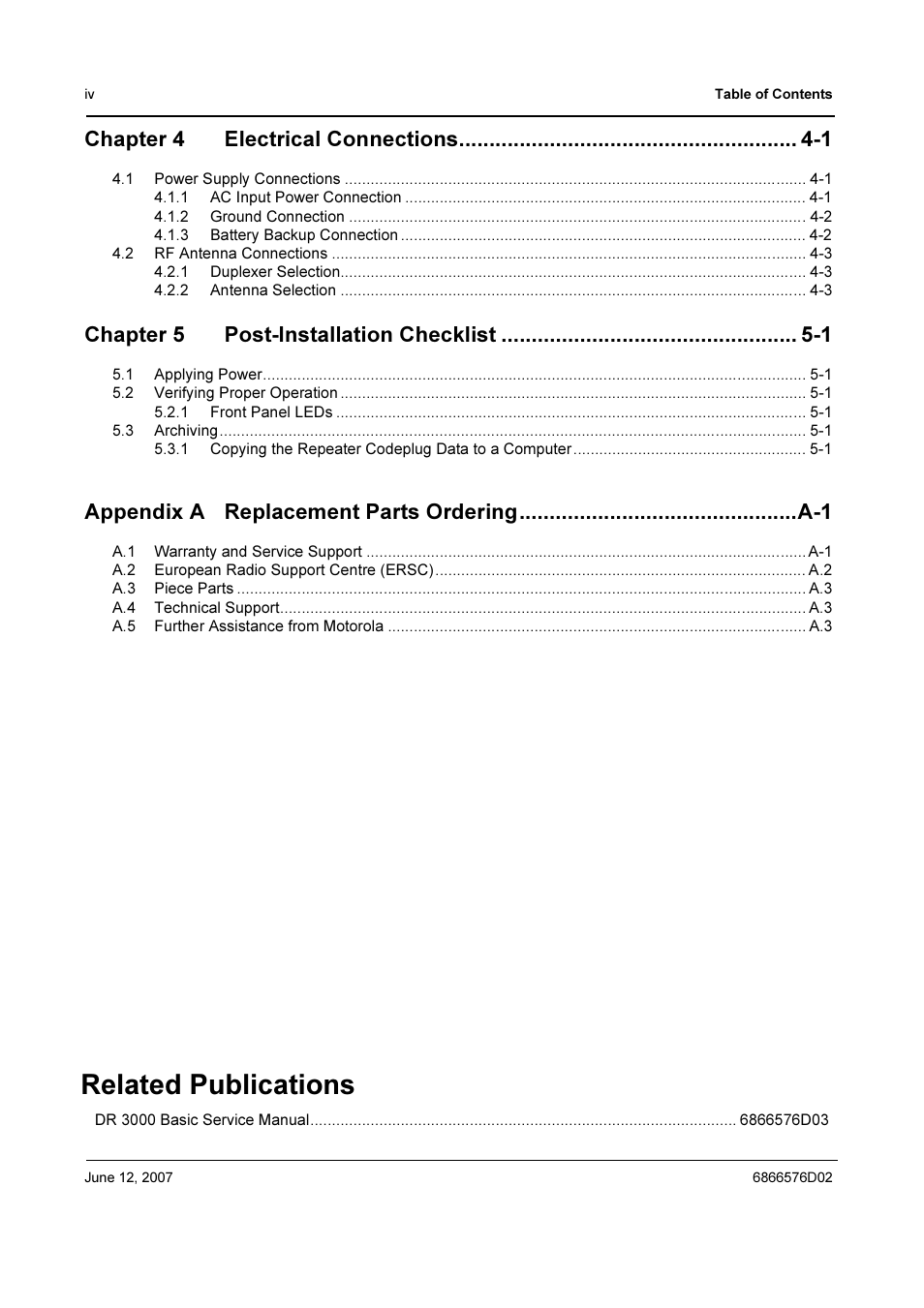 Related publications, Chapter 4 electrical connections -1, Chapter 5 post-installation checklist -1 | Motorola DR 3000 User Manual | Page 5 / 26