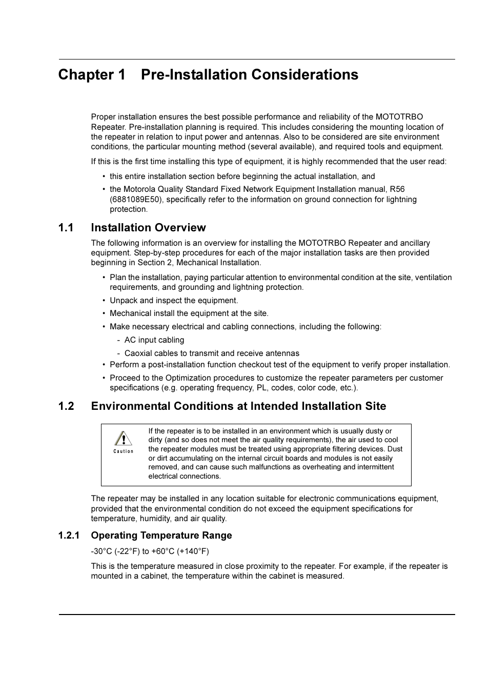 Chapter 1 pre-installation considerations, 1 installation overview, 1 operating temperature range | Chapter 1, Pre-installation considerations -1, Installation overview -1, Operating temperature range -1 | Motorola DR 3000 User Manual | Page 8 / 26