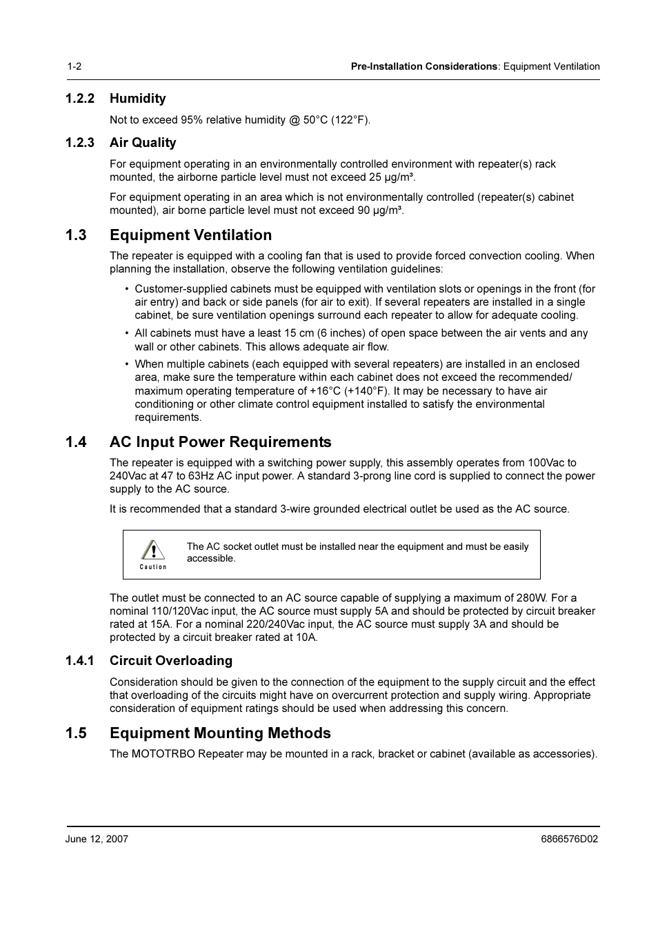 2 humidity, 3 air quality, 3 equipment ventilation | 4 ac input power requirements, 1 circuit overloading, 5 equipment mounting methods, Humidity -2, Air quality -2, Equipment ventilation -2, Ac input power requirements -2 1.4.1 | Motorola DR 3000 User Manual | Page 9 / 26