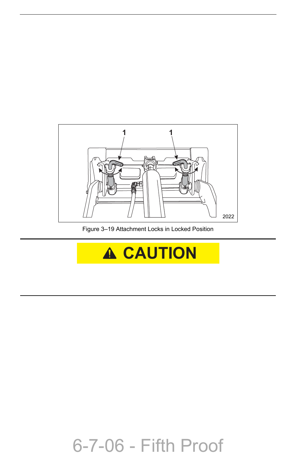 Attachment installation and removal, Attachment lock pins, Attachment installation and removal –15 | Attachment lock pins –15, 7-06 - fifth proof, Caution | Compact Power Boxer 427W User Manual | Page 41 / 86