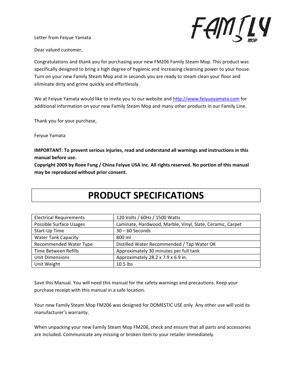 Product specifications | Feiyue FM206 User Manual | Page 2 / 6