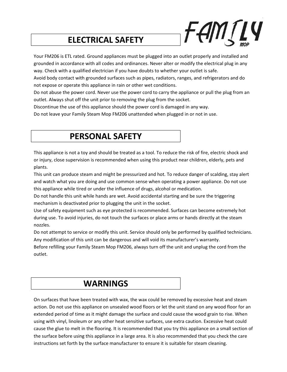 Electrical safety, Personal safety, Warnings | Feiyue FM206 User Manual | Page 3 / 6