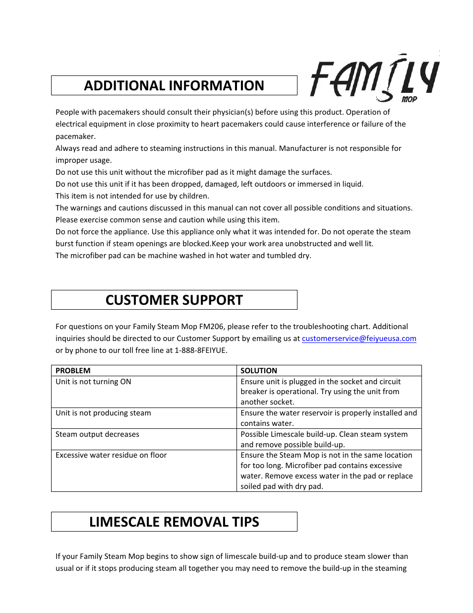 Additional information, Customer support, Limescale removal tips | Feiyue FM206 User Manual | Page 4 / 6