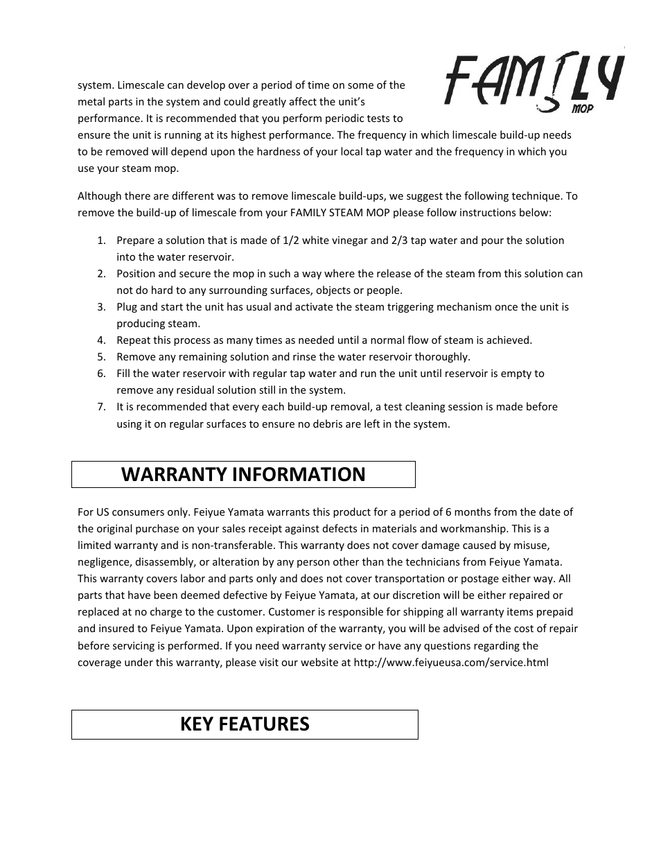 Warranty information, Key features | Feiyue FM206 User Manual | Page 5 / 6