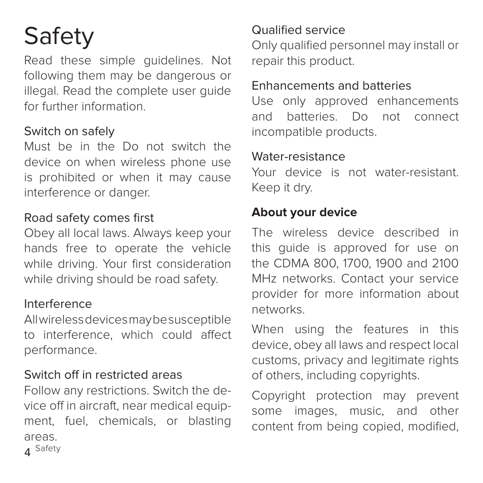 Safety | Cricket Communications A100 User Manual | Page 4 / 53