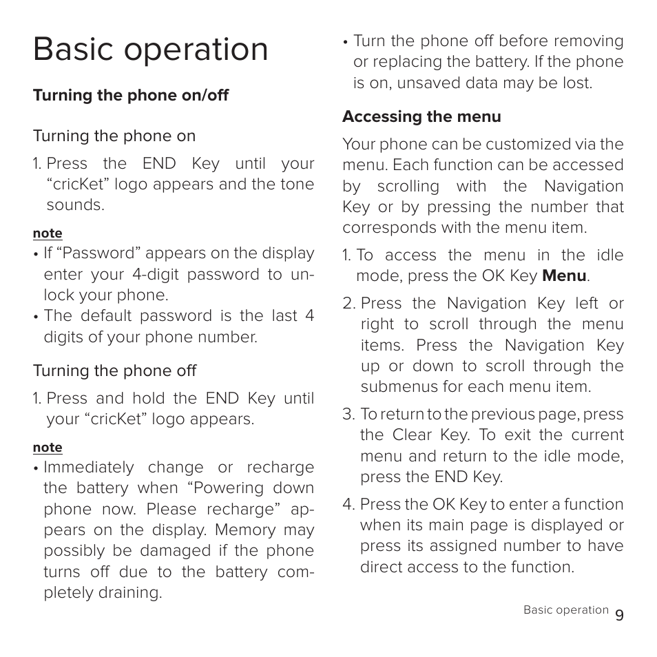 Basic operation | Cricket Communications A100 User Manual | Page 9 / 53