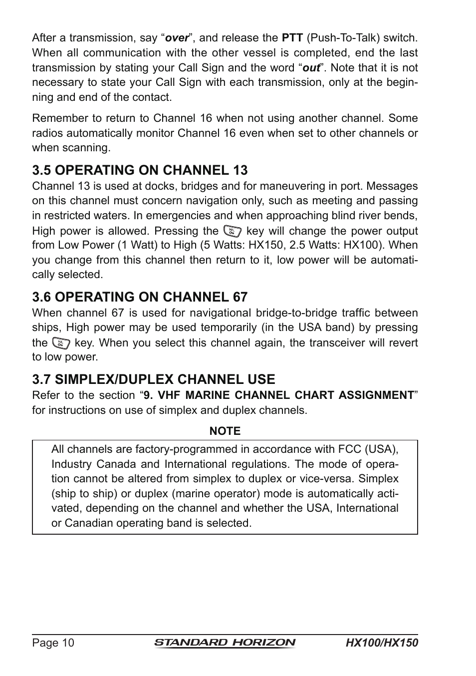 5 operating on channel 13, 6 operating on channel 67, 7 simplex/duplex channel use | Standard Horizon HX-100S User Manual | Page 10 / 48