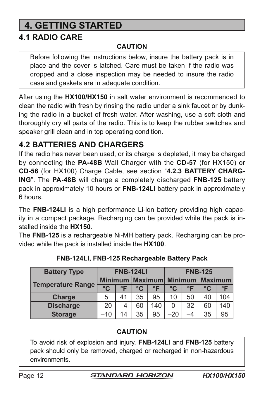 Getting started, 1 radio care, 2 batteries and chargers | Standard Horizon HX-100S User Manual | Page 12 / 48