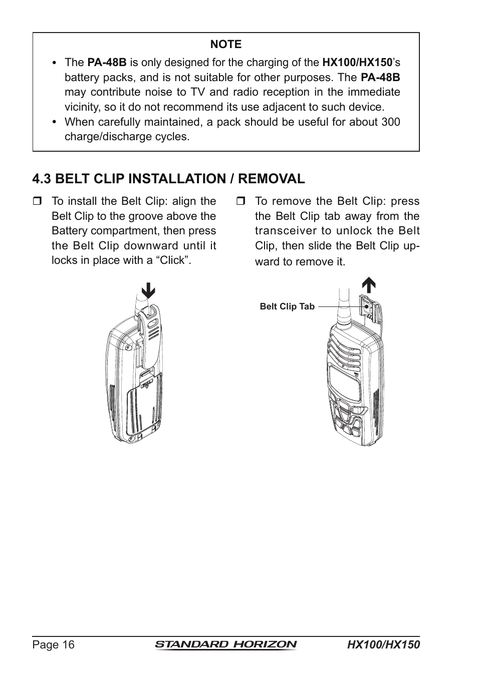 3 belt clip installation / removal | Standard Horizon HX-100S User Manual | Page 16 / 48