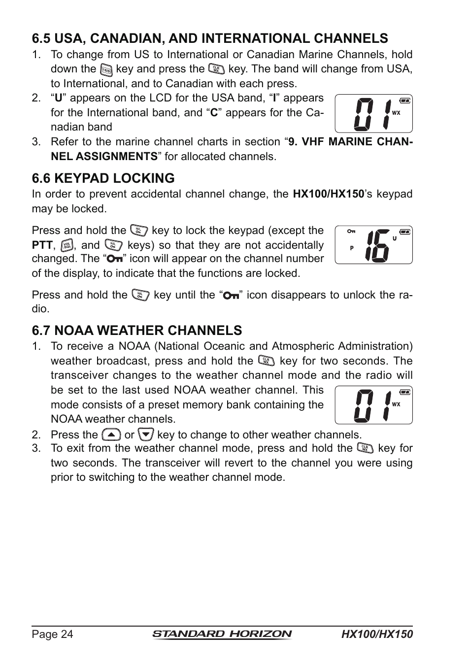 5 usa, canadian, and international channels, 6 keypad locking, 7 noaa weather channels | Standard Horizon HX-100S User Manual | Page 24 / 48