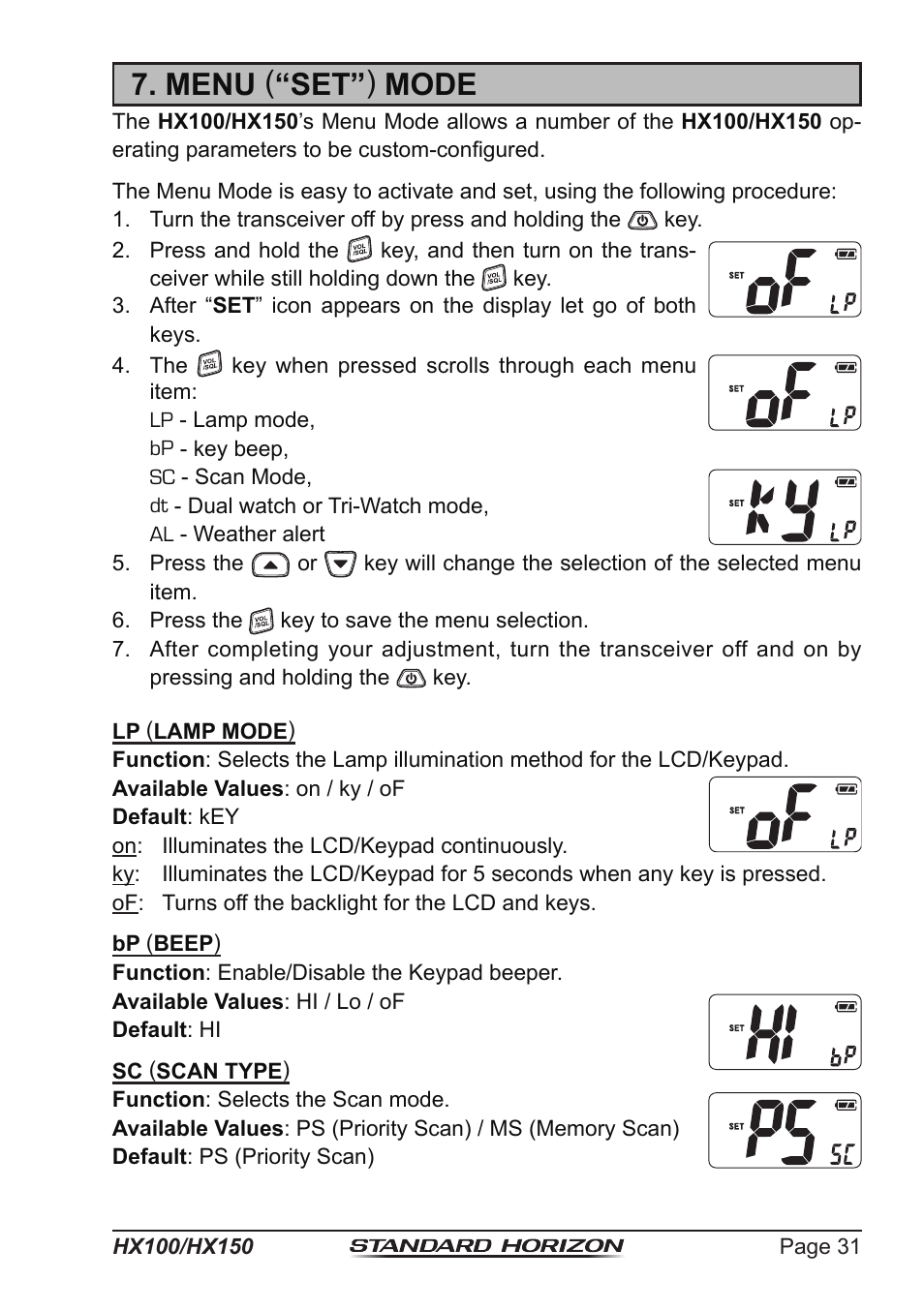 Menu ( “set” ) mode | Standard Horizon HX-100S User Manual | Page 31 / 48