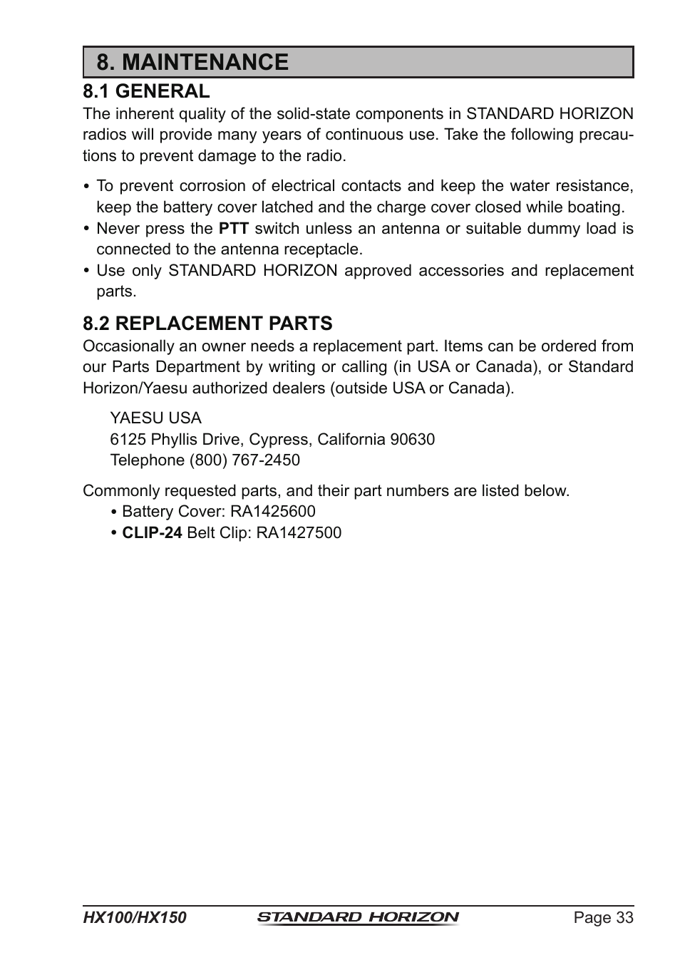 Maintenance, 1 general, 2 replacement parts | Standard Horizon HX-100S User Manual | Page 33 / 48