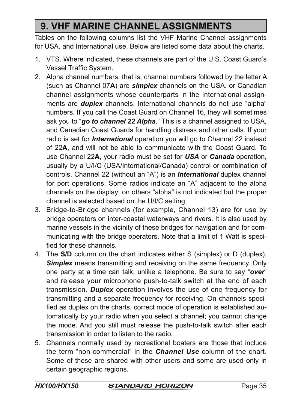 Vhf marine channel assignments | Standard Horizon HX-100S User Manual | Page 35 / 48