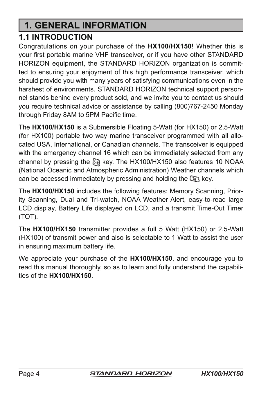 General information, 1 introduction | Standard Horizon HX-100S User Manual | Page 4 / 48